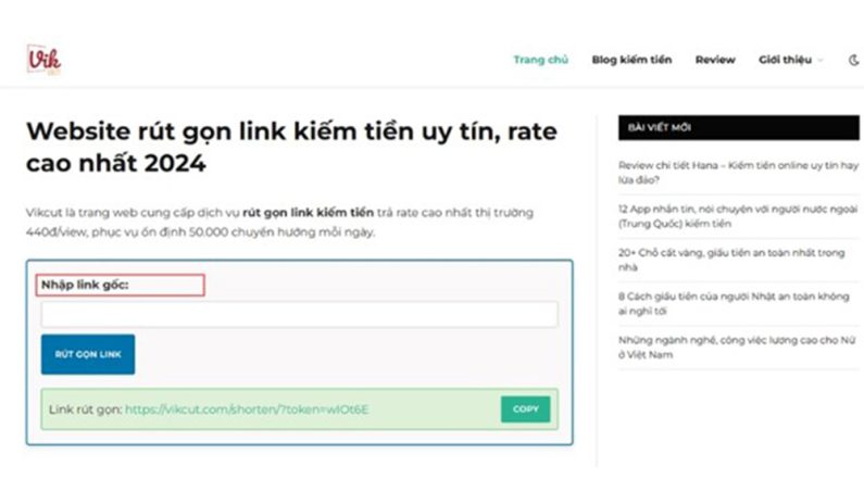 Giao diện đơn giản, công cụ làm ngắn link ngay trang chủ